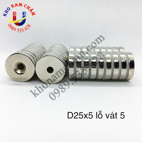 Nam châm viên D25x5 lỗ vát 5 mm