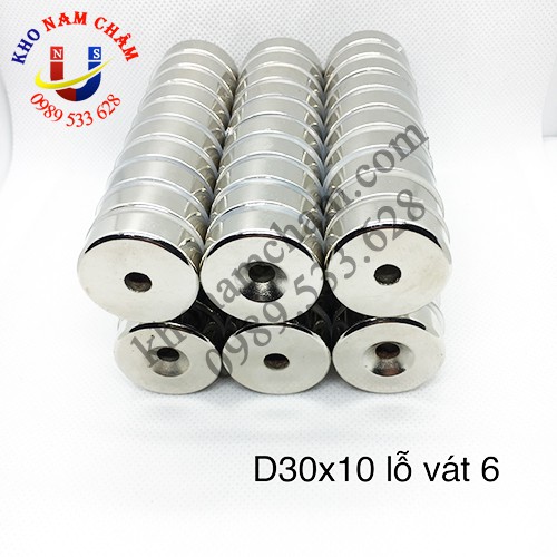 Nam châm viên D30x10 lỗ vát 6 mm
