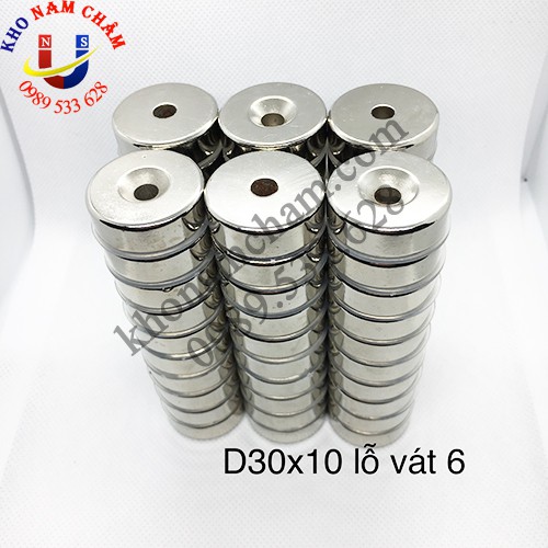 Nam châm viên D30x10 lỗ vát 6 mm