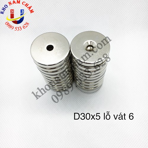 Nam châm viên D30x5 lỗ vát 6 mm